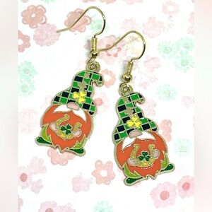 St. Patrick’s Day Leprechaun Gnome Green Check Hat Orange Beard Clover Earrings